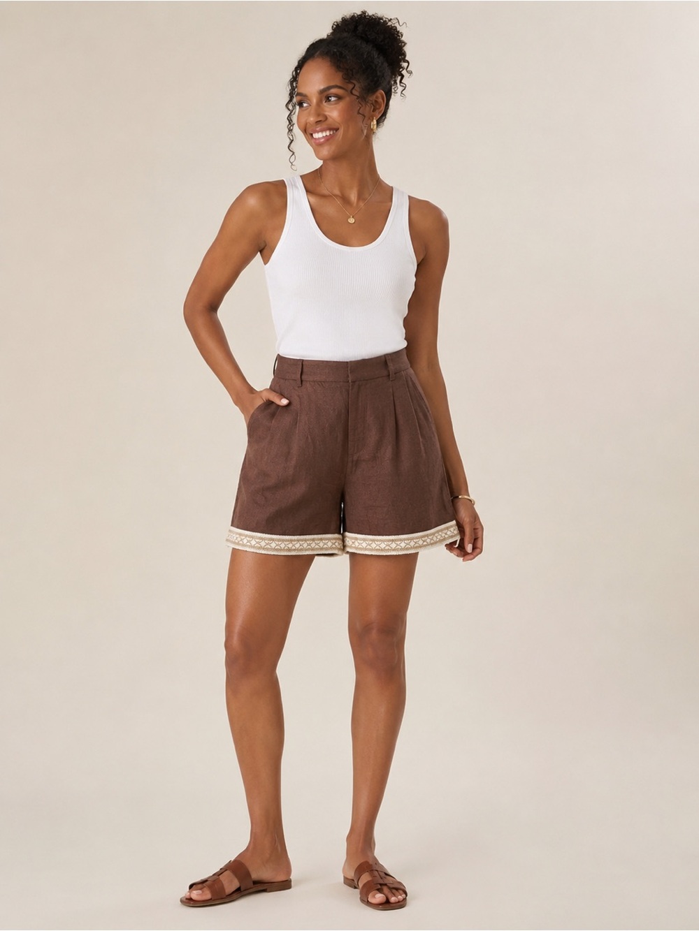 Parker Beaded Hem Embroidered Trim Shorts Brown Linen Rayon Size Large